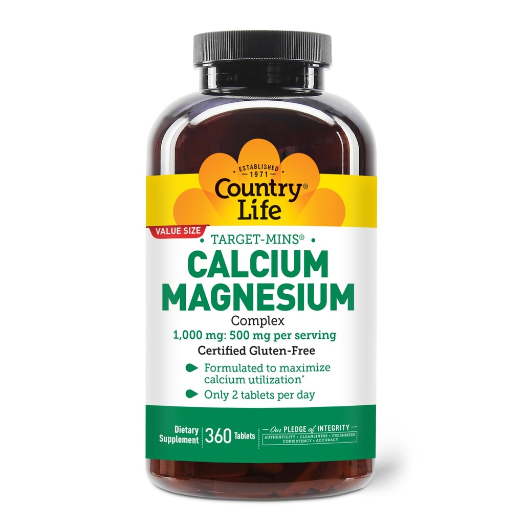 Country Life Target-Mins Calcium Magnesium Supplement für Knochengesundheit, 1000mg Calcium, 500mg Magnesium, Glutenfrei, 2:1 Ratio für optimale Nutzung