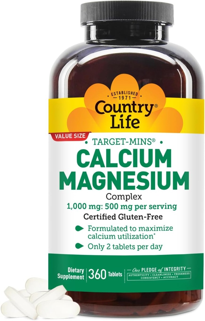 Country Life Target-Mins Calcium Magnesium Supplement für Knochengesundheit, 1000mg Calcium, 500mg Magnesium, Glutenfrei, 2:1 Ratio für optimale Nutzung