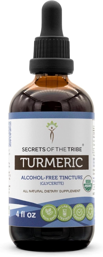 Turmeric USDA extrait de teinture biologique sans alcool, Turmeric (Curcuma Longa) supplément de teinture de racine séchée (4 FL OZ)