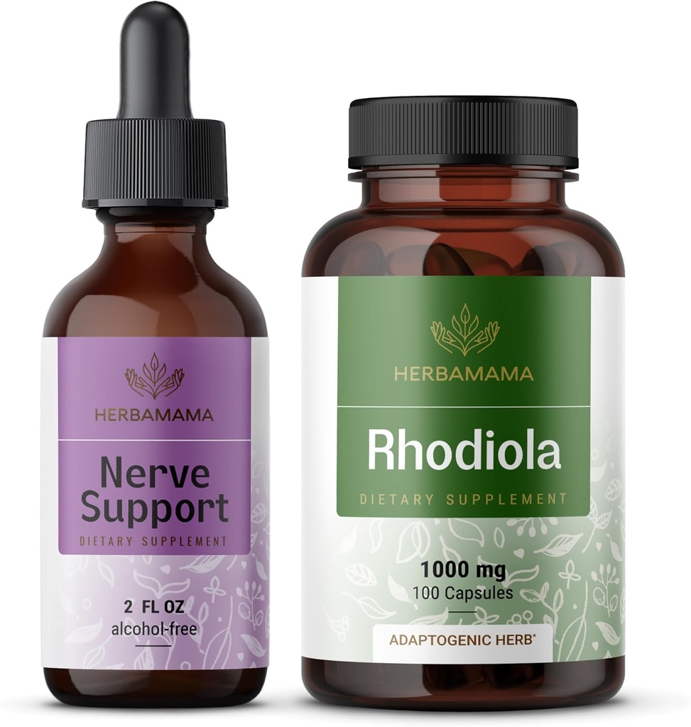 HERBAMA Nerve Support und Rhodiola Kit - Bundle Nerve Support Liquid Complex 2 fl oz & Rhodiola Rosea Capsules - Vegan, Non-GMO, Sugar & Alcohol-Free, 2 Pack