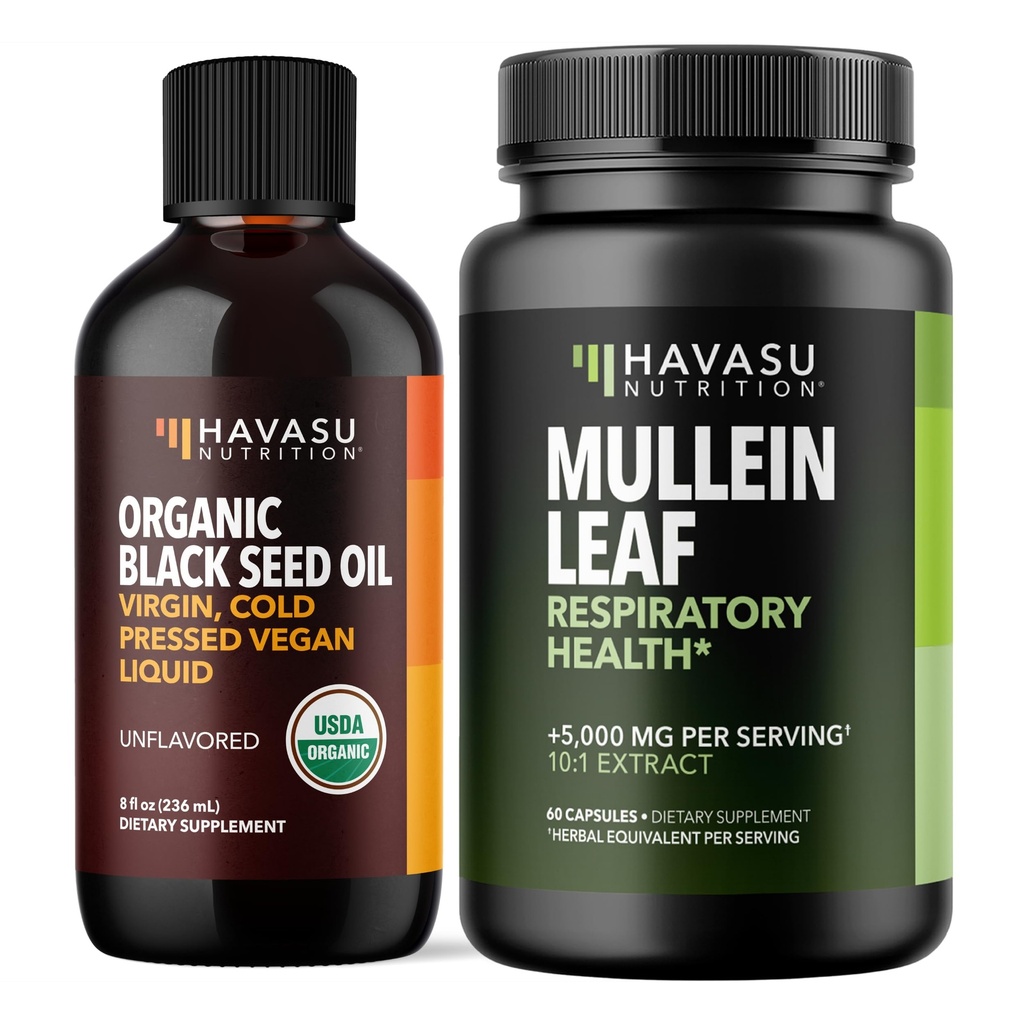 HAVASU NUTRITION Bio Schwarz Samen Öl Flüssigkeit + Mullein Blatt Kapseln Bundle