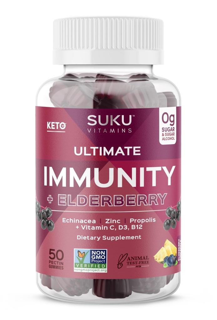 SUKU Vitamine - Ultimative Immunität - Elderberry Echinacea und Propolis Gummis für Immununterstützung, leicht zu kauen - Non GMO, Gluten Sugar Free - Pomegranate Lime Flavored Gummy Vitamins, 50 Count