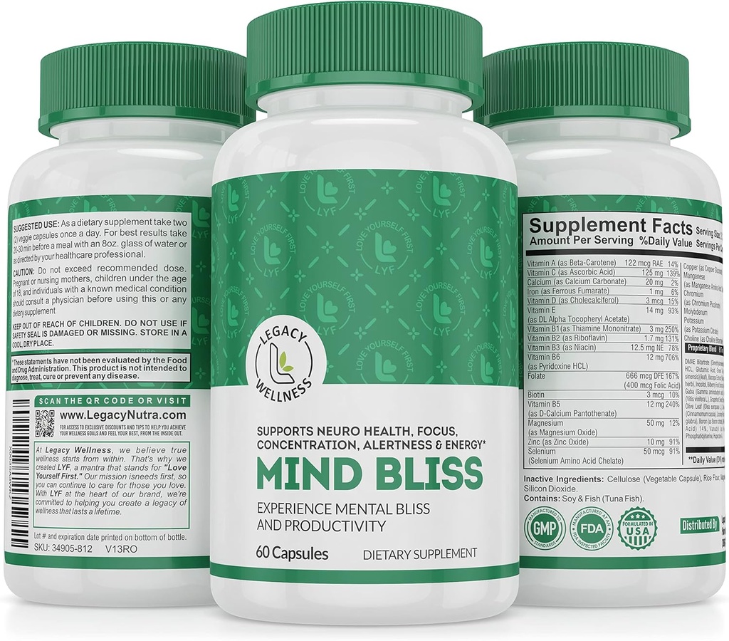 Mind Bliss Gehirn Ergänzung: 40-Ingredient Gedächtnis, Fokus & Clarity Vitamine, Energie Boost & Nootropic Unterstützung mit DMAE, 60 Pillen