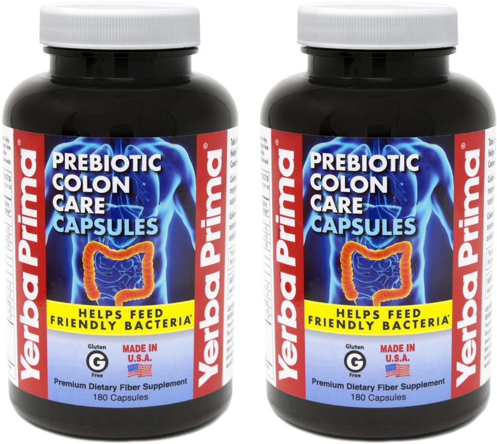 Yerba Prima Prebiotic Colon Care Capsules Dietary Fibre, 180 Compte, (Pack of 2) - Cinq formes de Fibre Plus FOS Prebiotics Supplément - Soluble et insoluble pour la régularité et le soutien digestif