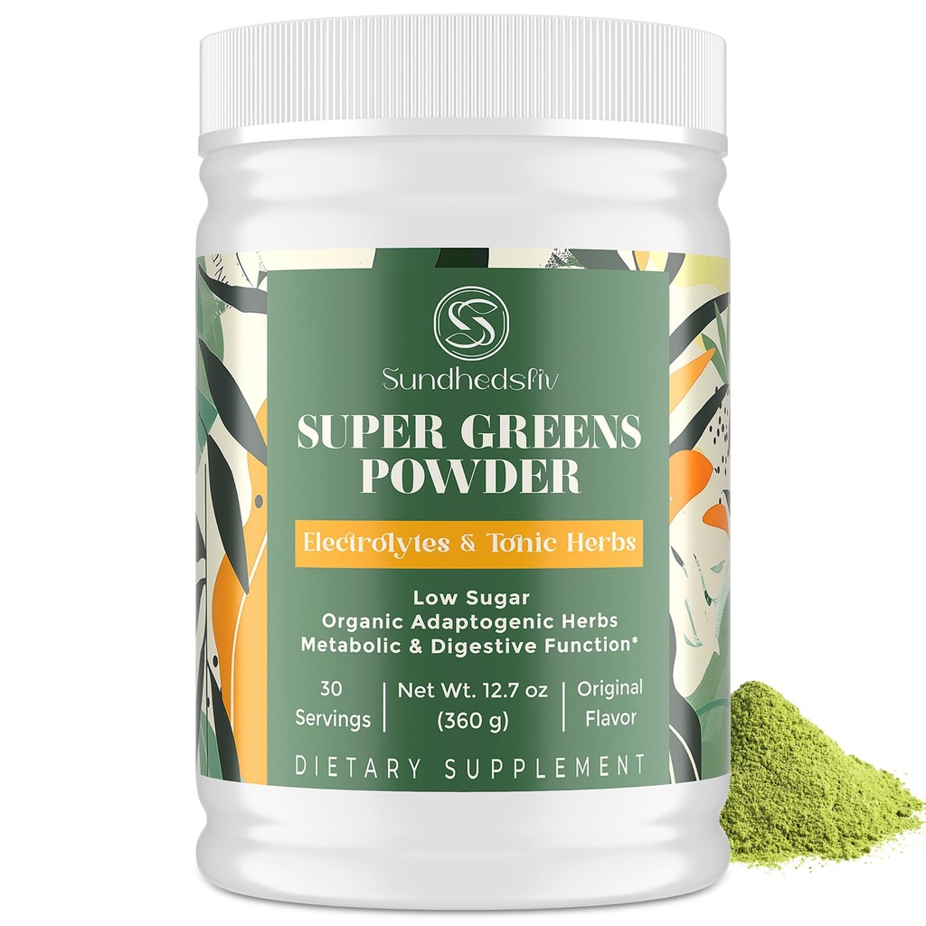 Super Greens Pulver Superfood + Elektrolyte & Tonic Kräuter | Bio-Grüne, Shilajit, Adaptogene, Antioxidantien, Preobiotic & Probiotic & Postbiotic| für Energie, Gut & Immune| Unflavored - 30 Servierungen