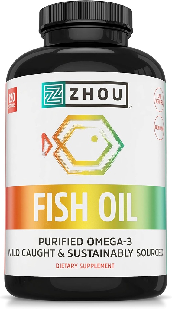 Zhou Fish Oil - Fish Oil Supplement für Damen und Herren, Omega 3 Fettsäuren, natürliche Quelle von DHA & EPA für Erwachsene, Burpless, Pure, Heart & Joint Health - 120 Softgels