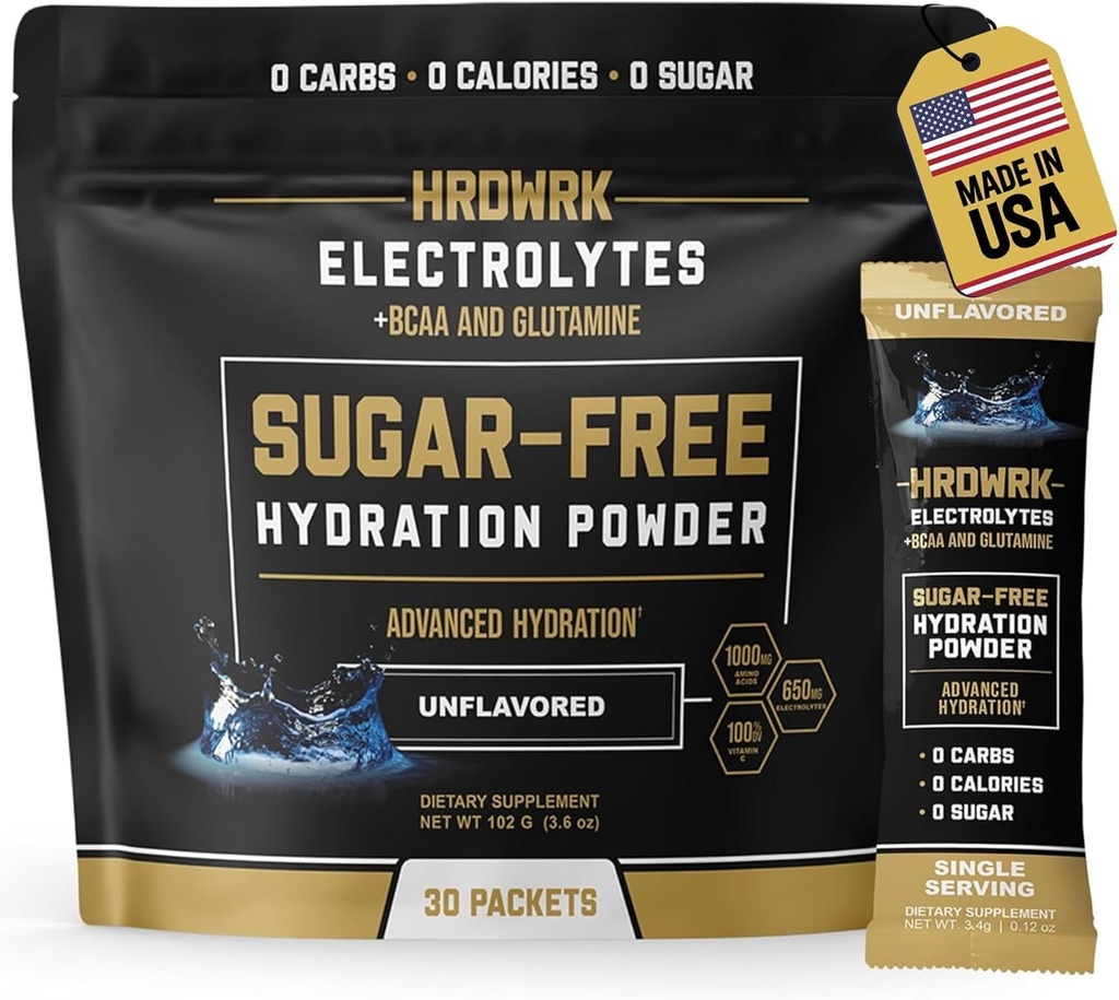 HRDWRK Elektrolyte Pulver-Packets mit Magnesium, Kalium-Natrium, Keto Hydration-Packets - BCAA Elektrolyt-Pulver-Packets mit Glutamin, 30 Elektrolyte Pulver-Packets Zuckerfrei (Unflavored)