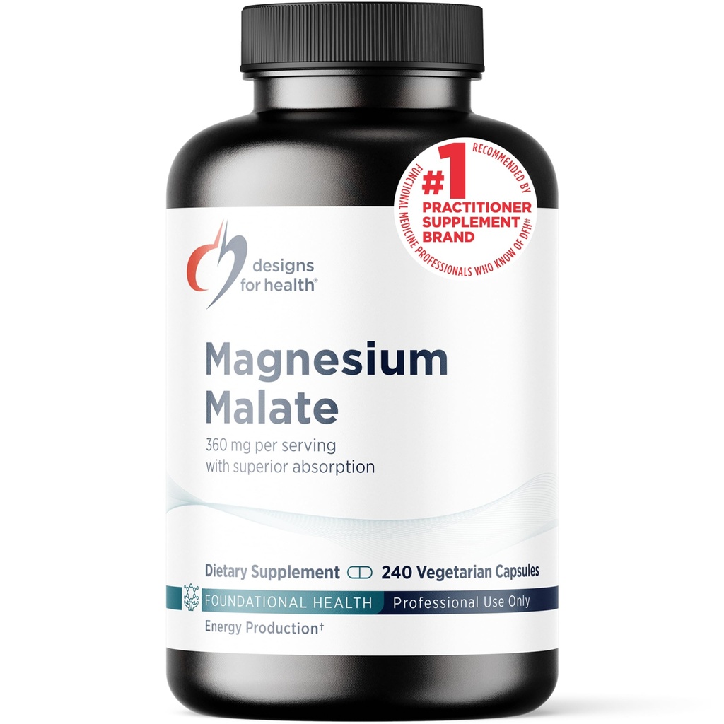 Designs für Gesundheit Magnesium Malat - Chelat Magnesium als Di Magnesium Malate - Hochverfügbare Form zur Unterstützung von Energie, Knochengesundheit + Muskelrückgewinnung (240 Magnesium Malat Kapseln)