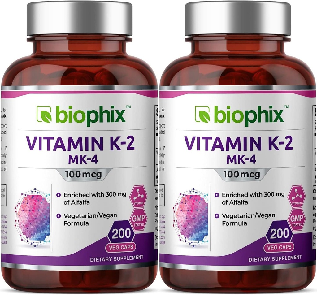 Biophix Vitamin K2 MK-4-100 mcg 200 Caps mit Alfalfa 2 Pack - Unterstützt starke Knochen Immungesundheit