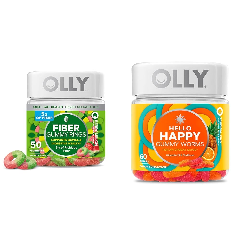 Anneaux Gummy en fibre OLLY Fiber, 5g Fibre prébiotique, FOS (Fructo-oligosaccharides), Soutien digestif et Bonjour Happy Gummy Worms, Soutien de l'équilibre d'humeur, Vitamine D, Safran, Supplément à croquer pour adultes