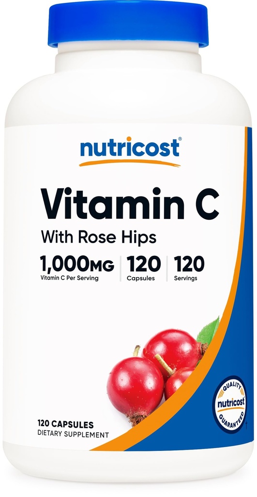 Nutricost Vitamin C mit Rose HIPS 1025mg, 120 Kapseln - Vitamin C 1000mg, Rose HIPS 25mg, Premium, Non-GMO, Glutenfreie Ergänzung