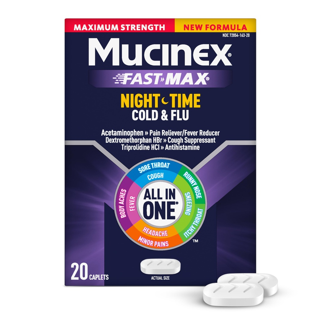 Mucinex Nightshift Cold & Flu, force maximale Puissante Multi-Symptôme Relief Nighttime, 20 Caplets à libération rapide - Réducteur de douleur/réducteur de fièvre, Suppresseur de la toux, Antihistaminique