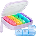 Organisateur de pilules mignon 3 fois par jour, grand cas quotidien de pilules pour les femmes, boîte à pilules portable 7 jours pour la Purse avec sac et zipper pour tenir les vitamines, les médicaments, les huiles de poisson, suppléments (Purple)