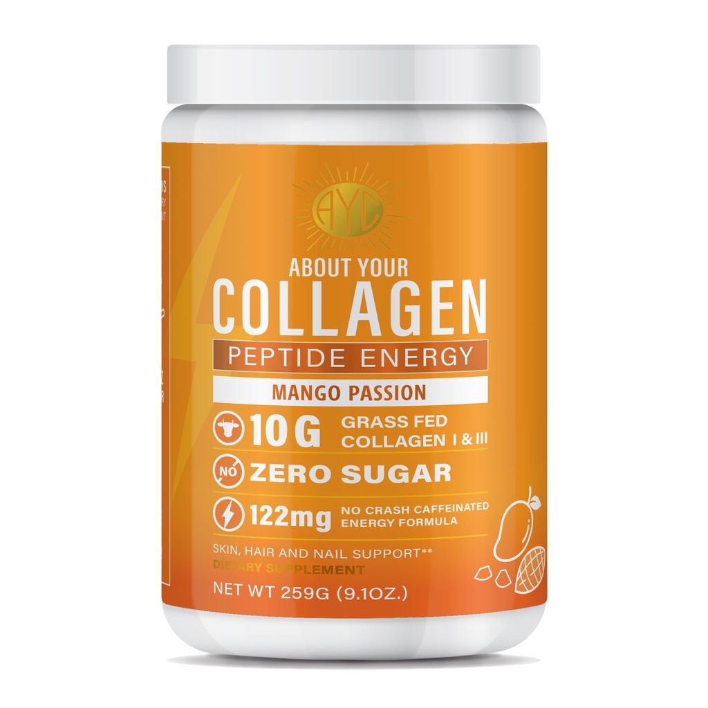 Peptide énergie Collagène poudre cheveux, ongles, peau, type I & III, caféine pour l'énergie, vitamine C, biotine, acide hyaluronique, sucre zéro – 8,92 oz (Mango Passion)