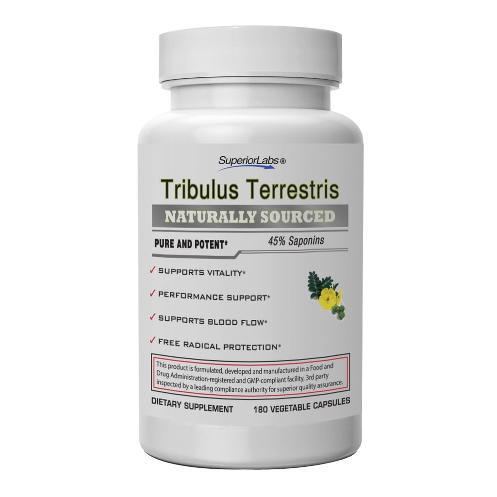 Superior Labs - Tribulus Terrestris - Support de performance et bloqueur de cortisol avec 45% de saponines, haute puissance et pur 1500mg Posologie, 180 bouchons de légumes - soutient la vitalité - avec ajouté BioPerine®