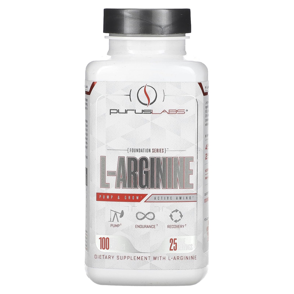 Purus Labs L-Arginin aktive Aminosäure | Endurance, Pumps, & Muskelwachstum | Stickstoffmonoxid für erhöhten Blutfluss | 25 Portionen, 100 Veggie Kapseln
