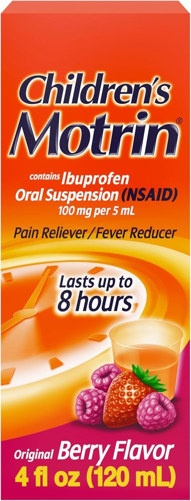 La médecine de la suspension buvable de Motrin pour enfants, 100 mg d'Ibuprofène, Réducteur de la fièvre juvénile et soulagement de la douleur pour les douleurs et les douleurs mineures dues au rhume et à la grippe, sans alcool, aromatisé au Berry, 4 fl. oz