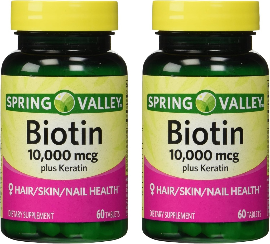 Spring Valley 10000mcg Biotin mit 100mg Keratin Nahrungsergänzung, 60 Graf (Pack von 2)
