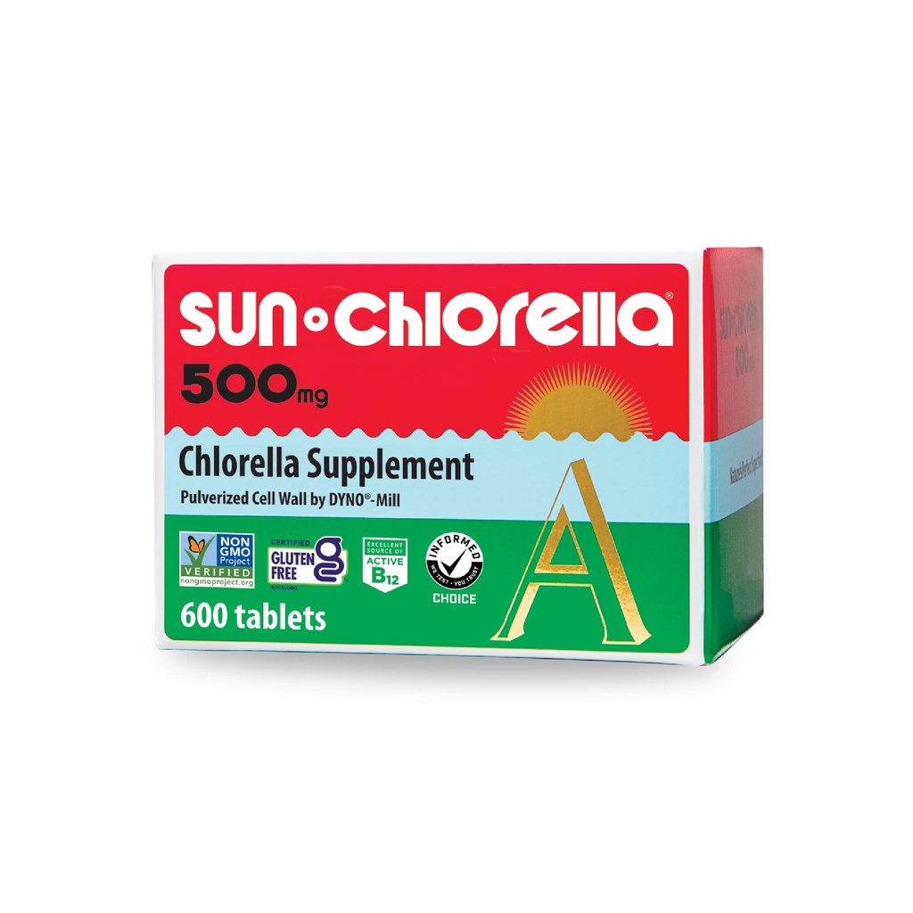 Sun Chlorella 500mg Supplément super-aliment aux algues vertes pour le bien-être du corps entier - défense immunitaire, santé des intestins, purification naturelle, stimulation énergétique - chlorophylle, B12, fer, protéines - non-OGM - 600 Comprimés