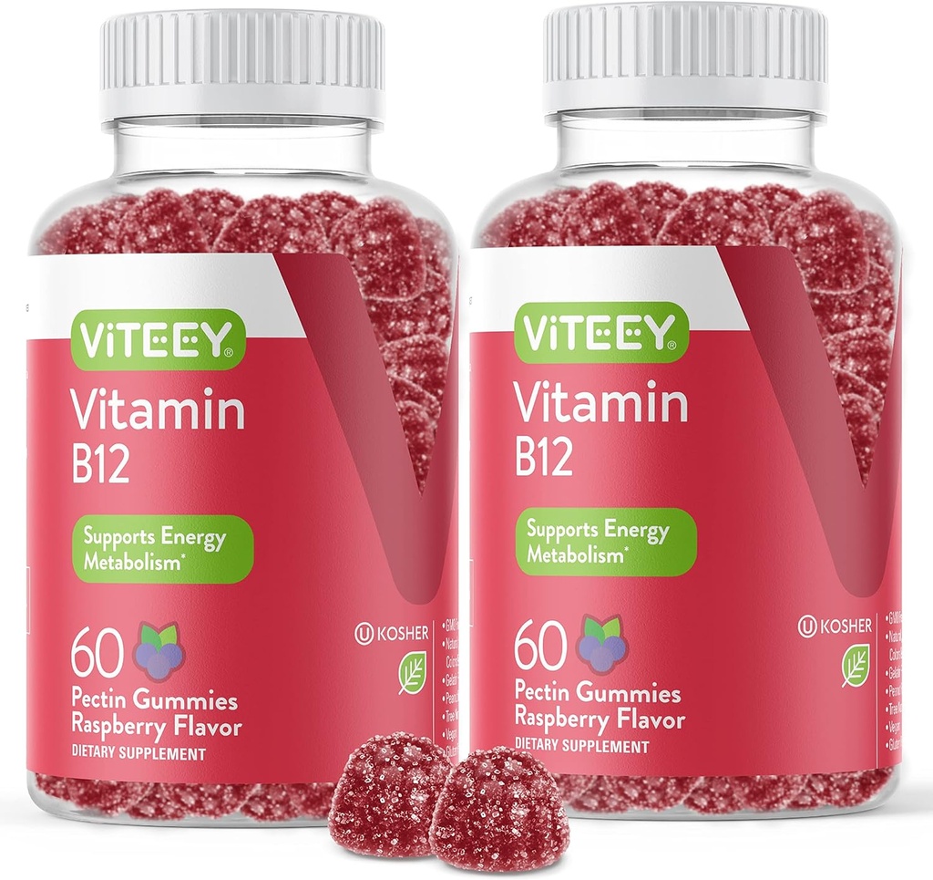 VITEEY Vitamine B12 Gommies - Soutien cognitif et énergie Gommies - Vegan, sans gélatine, sans gluten - 60 Compte