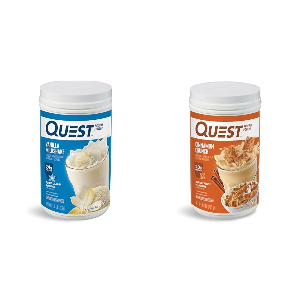 Quest Nutrition Vanille Poudre de protéines de milkshake, 24g de protéines, 1g de sucre, 1,6 livre, 23 portions et poudre de protéines croquantes de cannelle, 20g de protéines, 2g de glucides nets, 1g de sucre, faible teneur en glucides