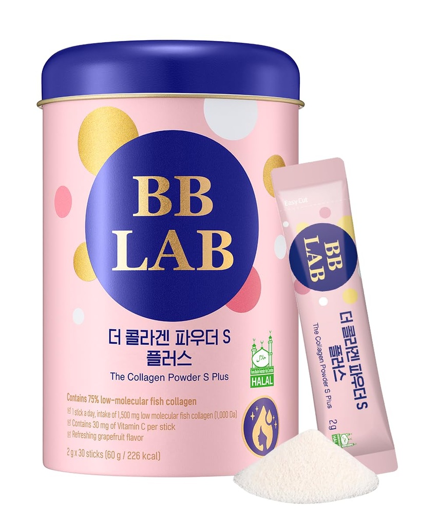 BB LAB Collagène Poudre S Plus Halal, supplément de collagène coréen faible moléculaire, Marine, Peptides de collagène de poisson, Vitamine C, Glycine, Absorption rapide, Flaveur de pamplemousse