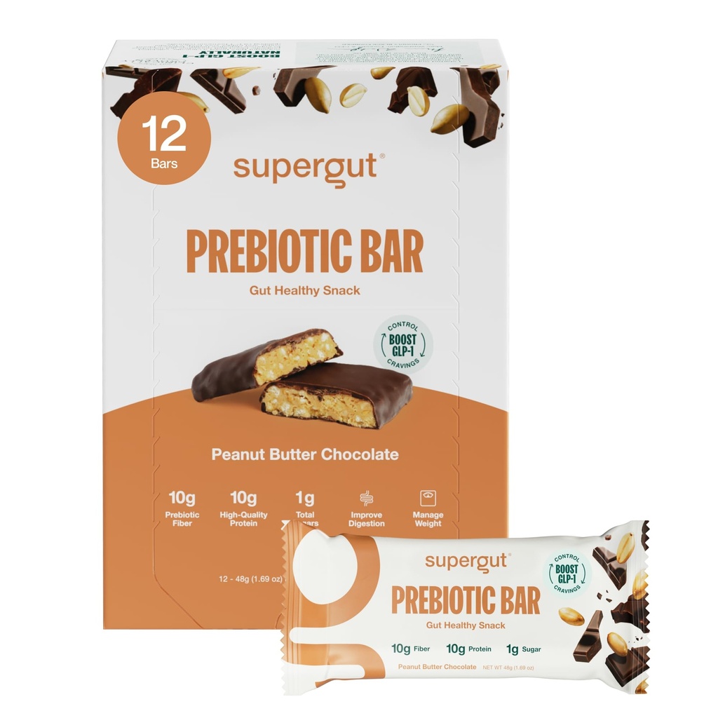 Supergut GLP-1 Boosting Prebiotic Bars, Peanut Butter Chocolate - Gut Gesunde Protein Snacks & Frühstück Bars - Keto-Friendly Meal Ersatz Energy Bars für Gut Health (12 Count)