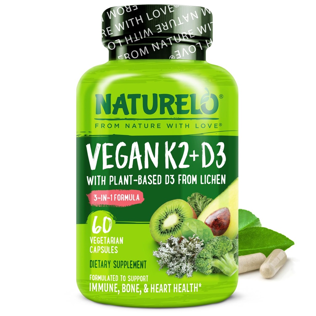 NATURELO Vitamin D3 K2 - Vegan mit Pflanzenbasis D3 von Lichen - Natürliche Ergänzung für Immunsystem, Knochenunterstützung, Herzgesundheit - Ganzes Essen - Non-GMO - Glutenfrei, 60 Kapseln