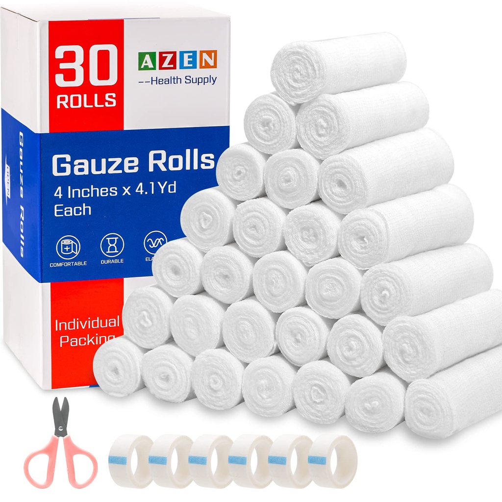 AZEN 30 bandes de rouleaux de gaze, 4 po x 4.1 Yards, fournitures médicales premium et fournitures de premiers soins, enveloppe de pansement, enveloppe de vetement, enveloppe de maman