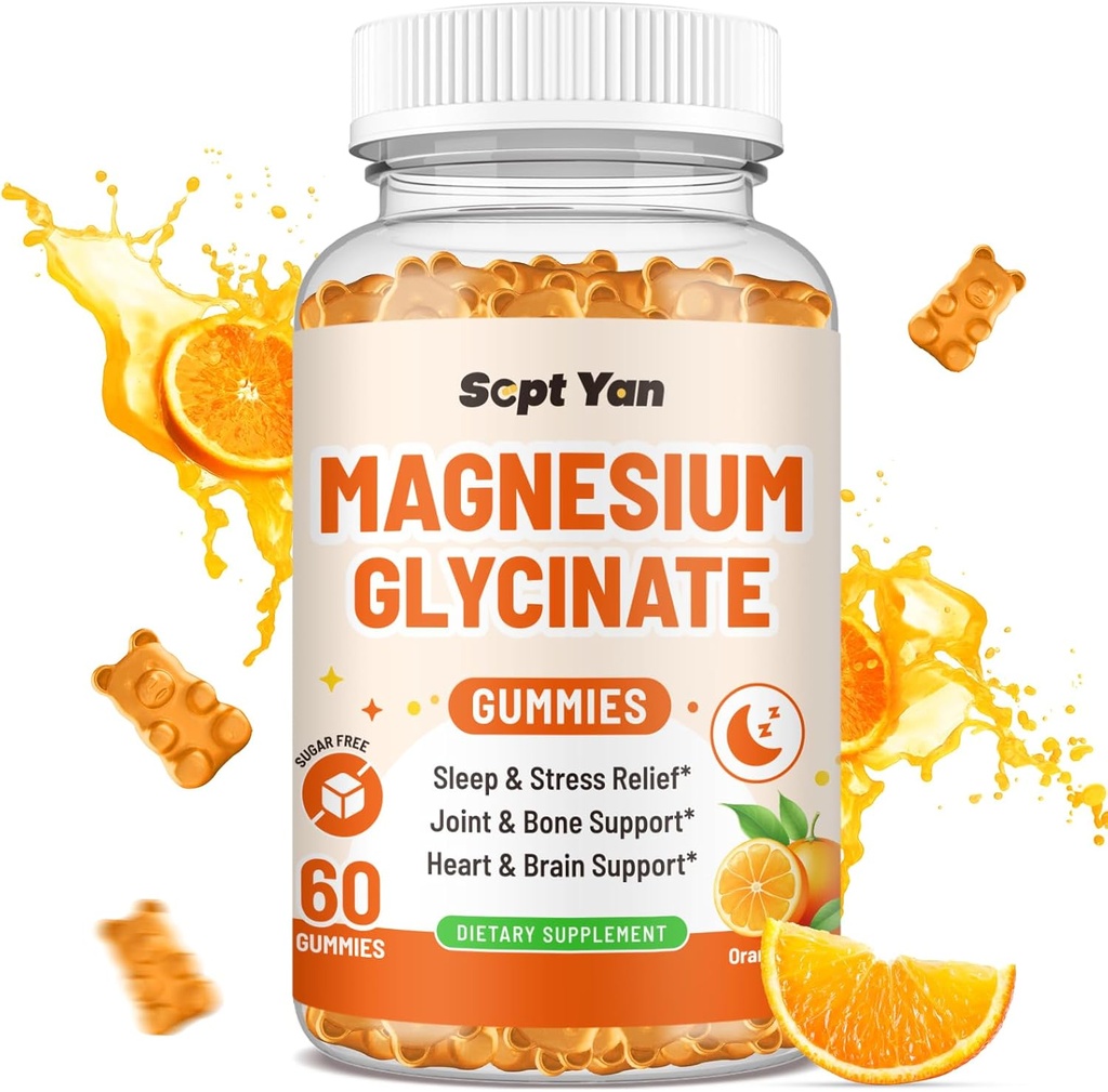 Magnesium-Gummien für Erwachsene - Magnesium-Glycinat-Ergänzung mit Vitamin B6, L-Theanin, Vitamin D, CoQ10 - Magnesium-Comlex-Gummien für Mood, Knochen & Muskel, Zuckerfrei Orange Flavor 60 ct