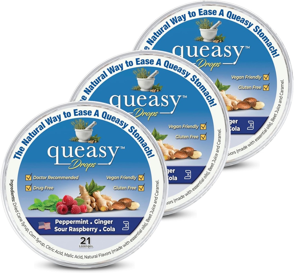 Drei Lollies Queasy Tropfen - Relief von Übelkeit & Reise Krankheit - Glättet einen trockenen Mund & Settles Der Stomach - Natürliche Zutaten - 4 Flavors - 21ct (Pack von 3)