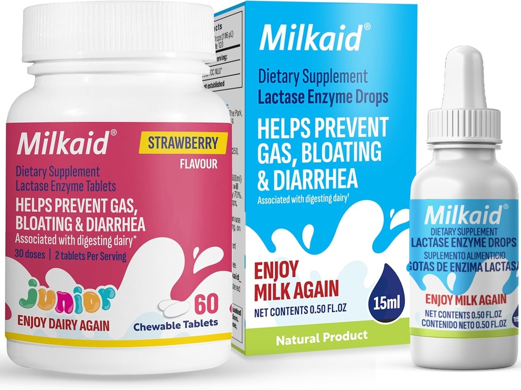 Milkaid Junior Lactase Enzym Chewable Tablets Lactase Tropfen für Lactose Intoleranz Relief | Verhindert Gas, Bloating, Durchfall bei Kindern | Fast Acting Dairy Digestive Supplement |