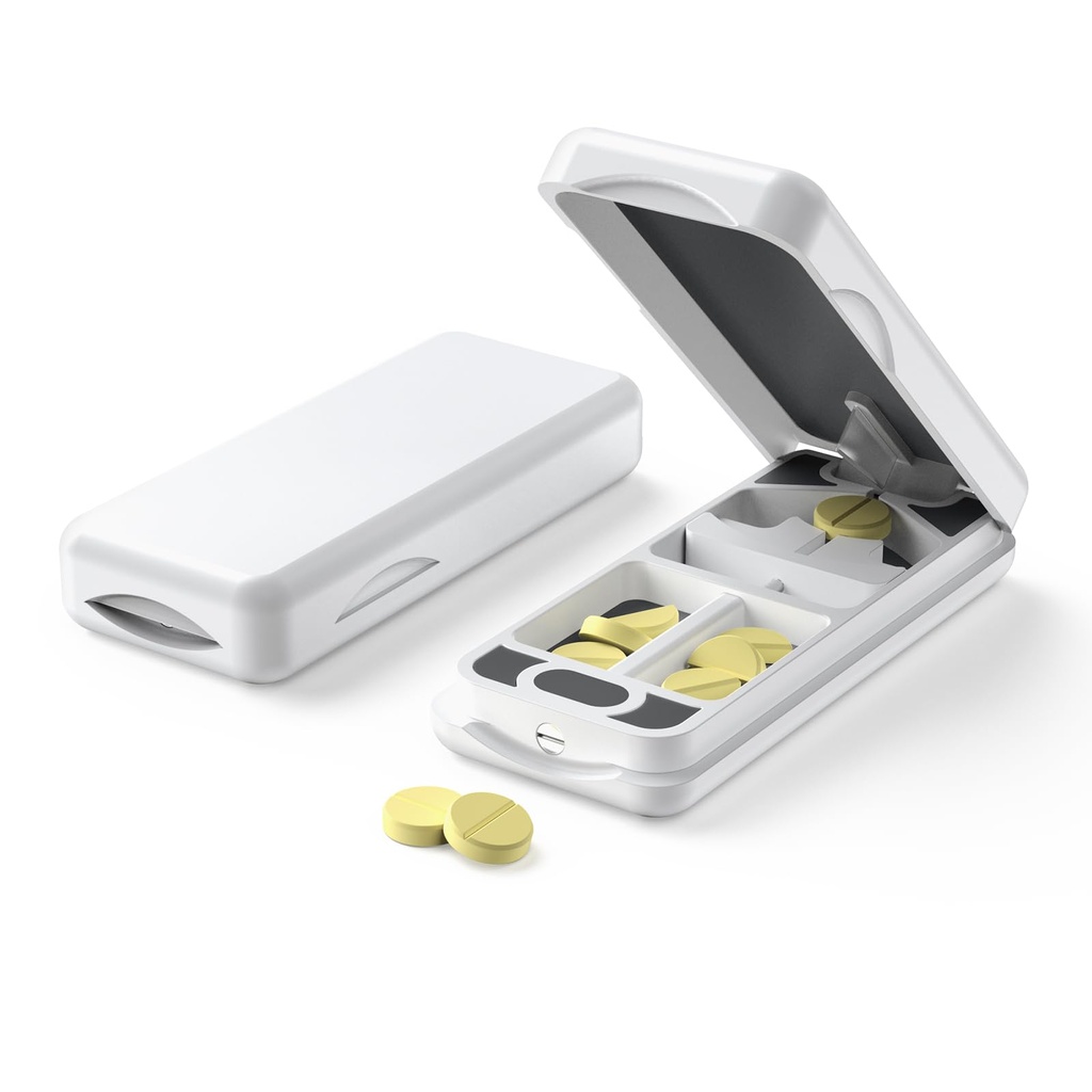 Cutter de pilule avec dispositif de centrage automatique, Splitter de pilule en aluminium avec lame inoxydable 316L, boîtier en cuir véritable, Splitter de pilule professionnelle pour couper de petites pilules ou de grandes pilules (plastique, blanc)