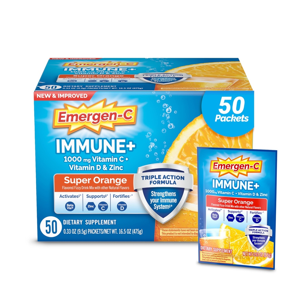 Emergen-C Immune+ Dreifache Wirkung Immununterstützung Pulver, BetaVia (R), 1000mg Vitamin C, B Vitamine, Vitamin D und Antioxidantien, Super Orange, Zurück zu Schule Essentials – 50 Count