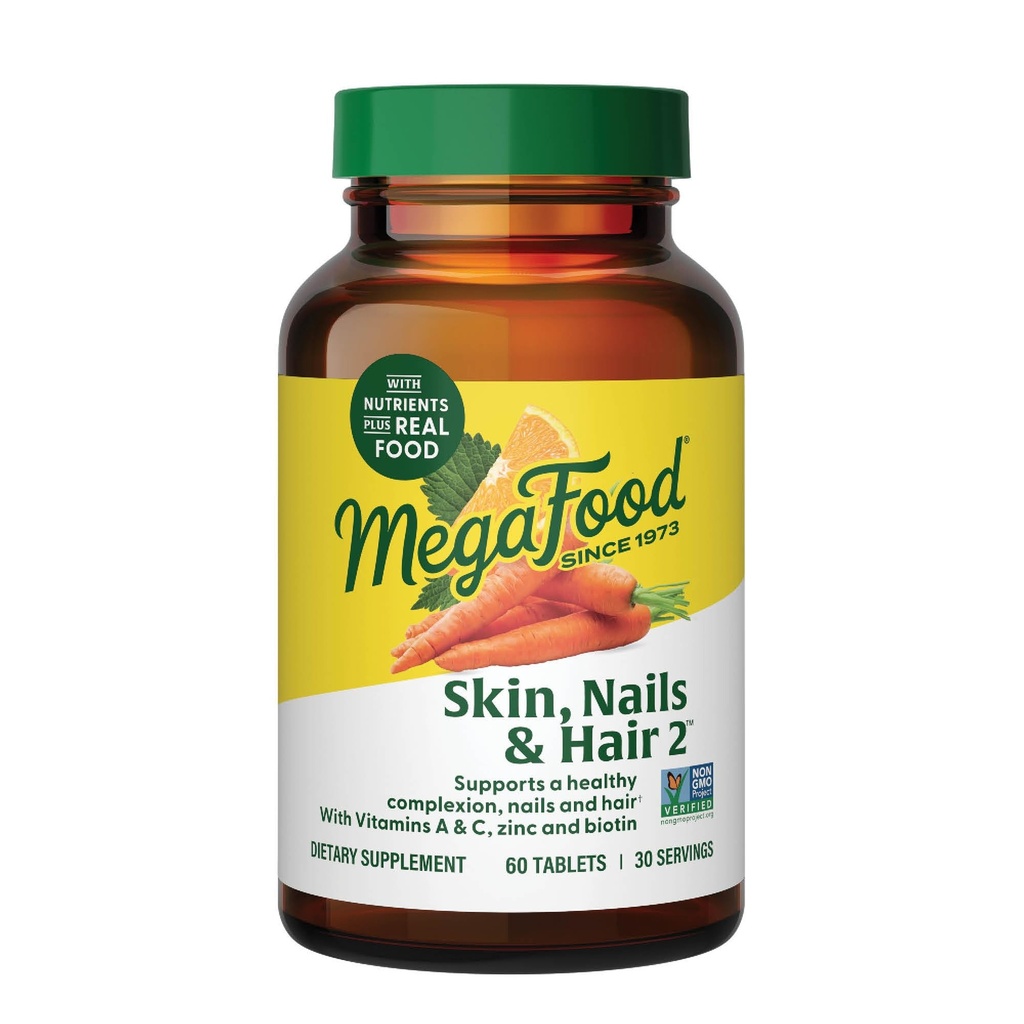 MegaFood Skin, Nails & Hair 2 - Vitamine für Damen und Herren - Biotin, Vitamin A, C, Zink, B6, E, Pantothenic Acid - Vegan - Hergestellt ohne 9 Lebensmittel Allergene - 60 Tabs (30 Portionen)