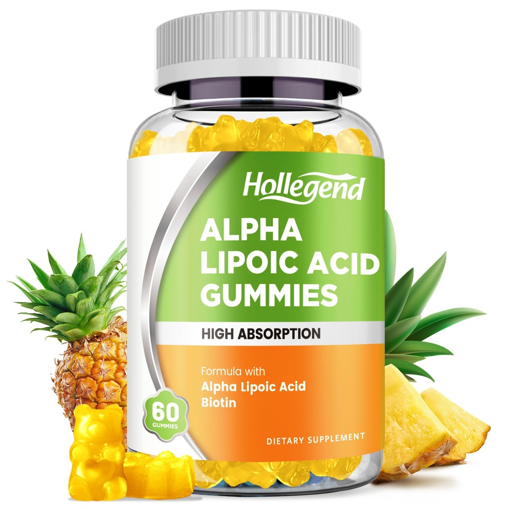 Acide alpha lipoïque Gommies 1000Mg avec biotine, supplément d'ALA à haute absorption pour antioxydant, santé du cerveau et soutien nerveux, goût d'ananas, sans sucre, 60 Chews