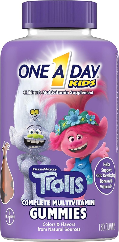Ein Tag Kinder Trolls Multivitamin Gummy, Kinder Vitamine mit Vitaminen A, B6, B12, C, D, E, Zink, Folsäure und Biotin (Packaging May Vary), Trolls, 180 Count