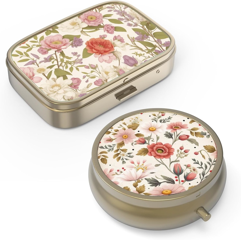 Pill Organizer Pill Box with Mirror Retro Small Pill Case for Purse or Pocket Bronze Pill Box or Vitamines, Huile de poisson, Suppléments, Pill Containe Travel Gifts(2PCS-Retro Red Flowers)