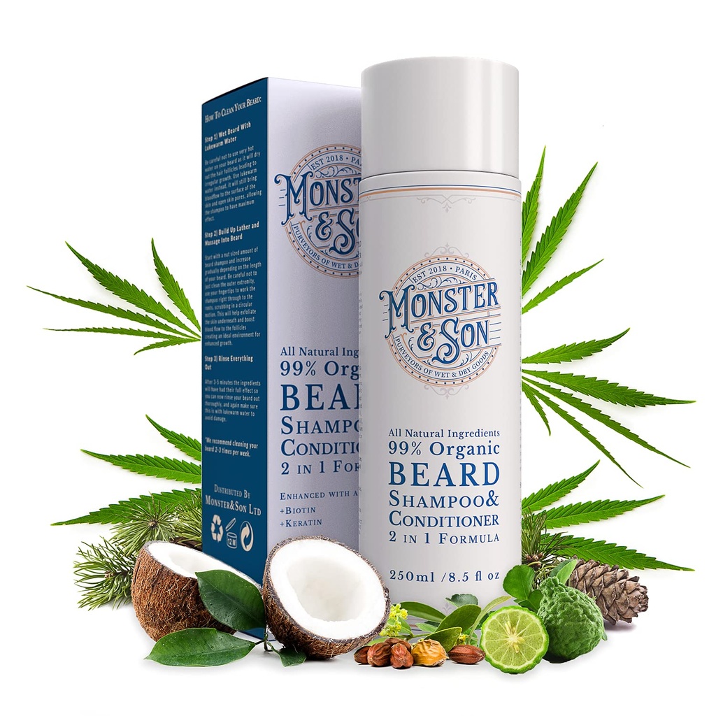 Shampooing et revitalisant biologique Monster&Son 2 en 1 - Laver la barbe avec conditionnement pour les hommes - Nettoyant doux pour la peau sensible - Hypoallergénique, Paraben et sans sulfate - Longue durée 250ml