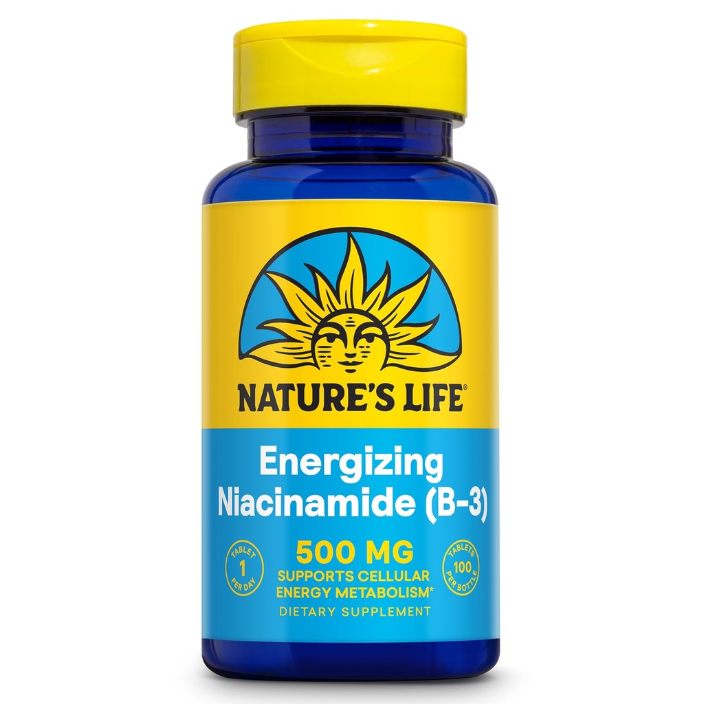 Nature's Life Energizing Niacinamide 500mg - No Flush Vitamin B 3 Niacin Supplement - Nerve Funktion, Stoffwechsel und gesunde Energie Unterstützung - 60-Tage Garantie, Lab Verified, 100 Servietten, 100 Tabletten
