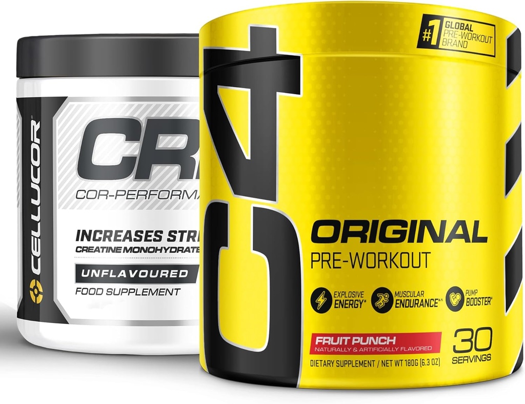 Cellucor Pre Workout & Creatine Bundle, C4 Poudre de pré-entraînement originale, punch de fruits, 30 portions + Cor Performance Poudre de créatine, 72 portions