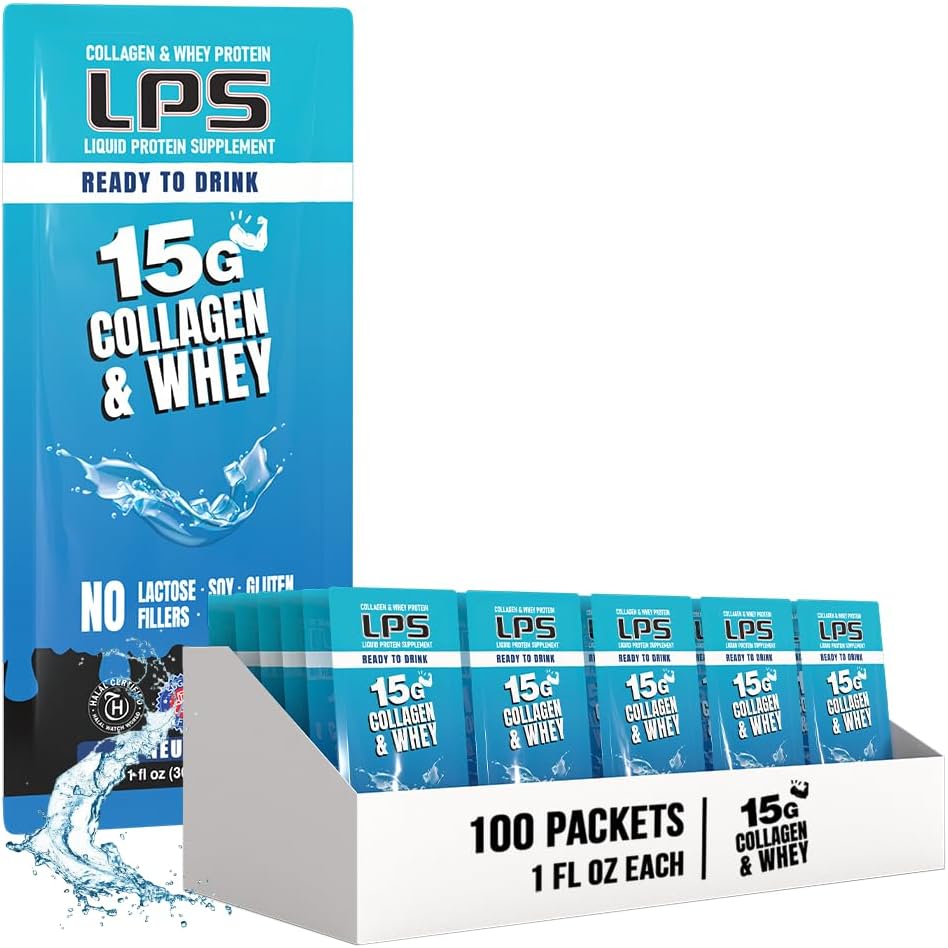 LPS Liquid Collagen & Whey Protein Supplement - Non-GMO Drink, Sugar-Free - Promotes Healthy Skin & Hair for Men & Women, Neutral, Single Serve (100 Packets)