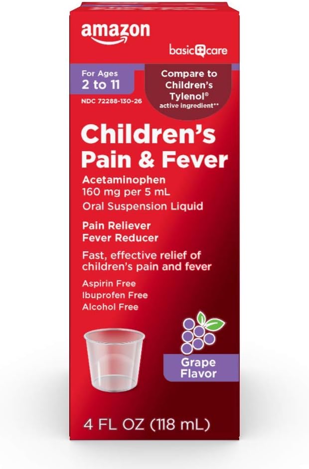 Amazon Basic Care Children's Acetaminophen 160 mg per 5 mL Oral Suspension, Grape Flavor, Pain Reliever and Fever Reducer for Headache, Sore Throat and Toothache, 4 fl oz (Pack of 1)