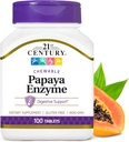 21st Century Papaya Enzyme Chewable (100 Comte), Papaya & Ananas Enzymes digestifs pour la santé Gut, Arôme Tropical, Non-OGM, Sans gluten, Pas de sel ajouté, Arômes artificiels