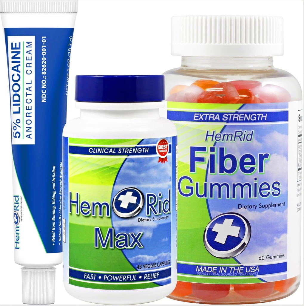 HemRid Komplettes Hämorrhoid-Supportsystem – Max Formula, Lidocaine Cream & Fiber Gummis für sofortiges Relief & Langlebigkeit
