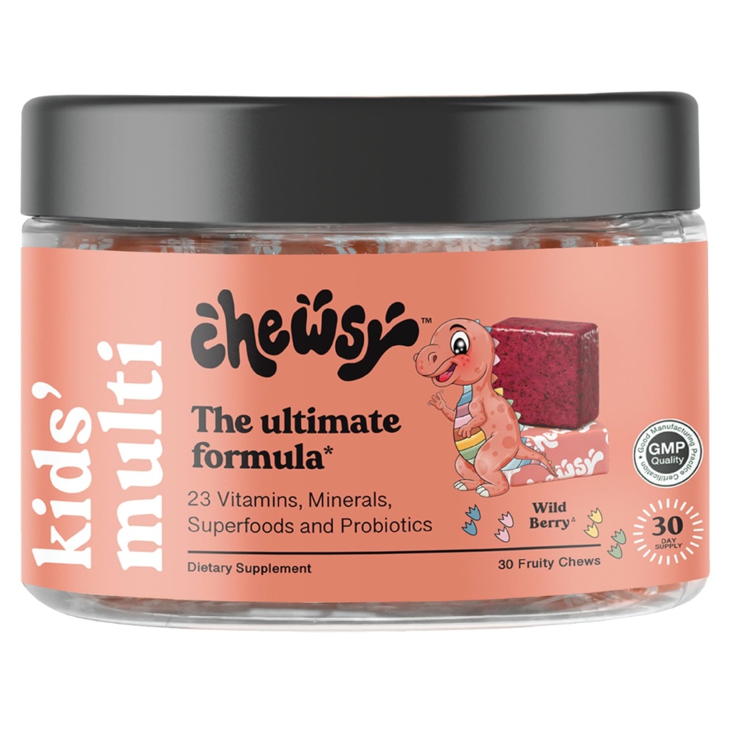 Les enfants de Chewsy : Multivitamines, Delicious Candy-Style Vitamines quotidiennes Chews + Probiotiques + Superfoods, Farine de baies sauvages Supplément de fruits Chewables, emballés individuellement, faciles à manger, approvisionnement de 30 jours