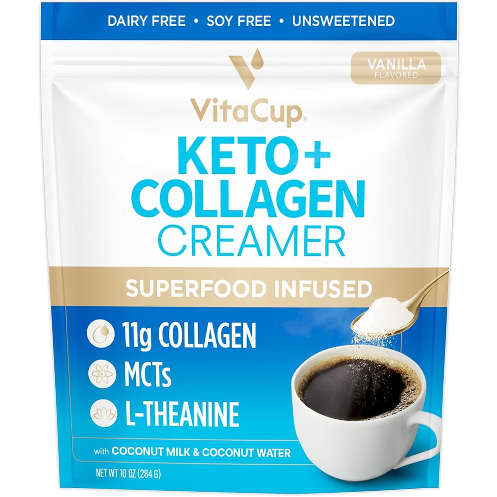 VitaCup Keto + Collagen Coffee Creamer Vanille Flavor mit MCT, Collagen Protein, Kokoswasser, L-Theanin für Keto-Diät, Verwendung in Kaffee, Smoothies, & Shakes, Dairy-Free, Glutenfrei, Sojafrei, 10oz