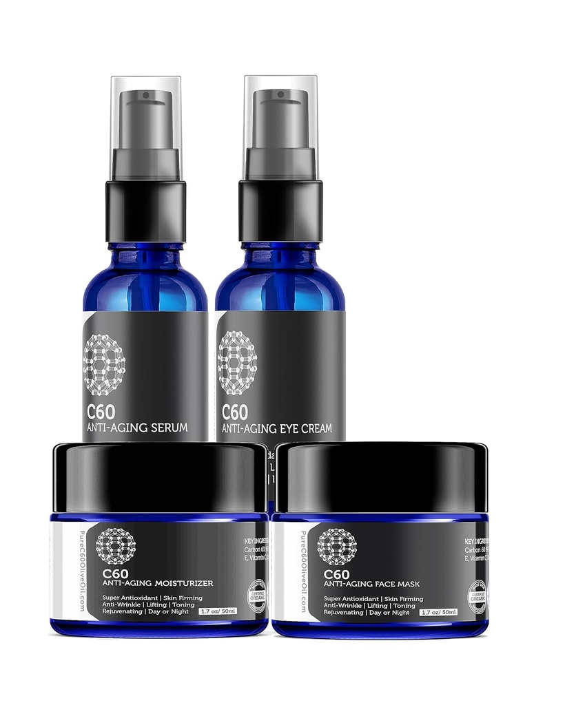 C60 Komplette Hautpflegelösung - Anti Aging Moisturizer, Maske, Augencreme und Serum mit Carbon 60 Superantioxidant - Aufhellung für dunkle Spots, Selbst Hautton, Augenbereich, Feinlinien & Falten