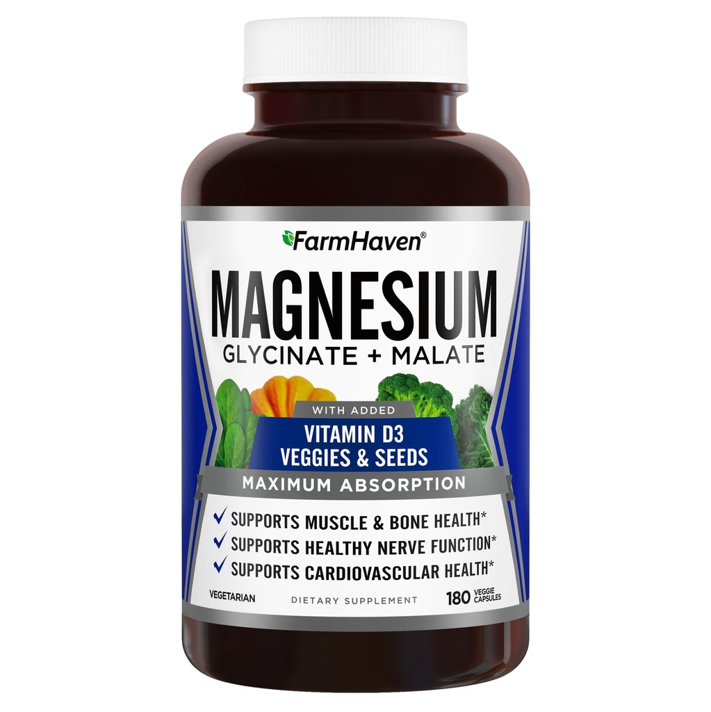 FarmHaven Magnesium Glycinate & Malate Complex w/Vitamin D3, 100% Chelat für Max Absorption, Vegetarisch – Knochengesundheit, Nerven, Muskeln, 180 Kapseln, 90 Tage