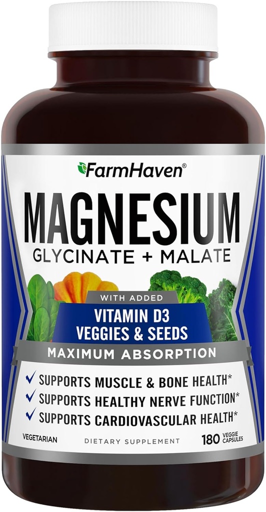 FarmHaven Magnesium Glycinate & Malate Complex w/Vitamin D3, 100% Chelated for Max Absorption, Vegetarian – Bone Health, Nerves, Muscles, 180 Capsules, 90 Days